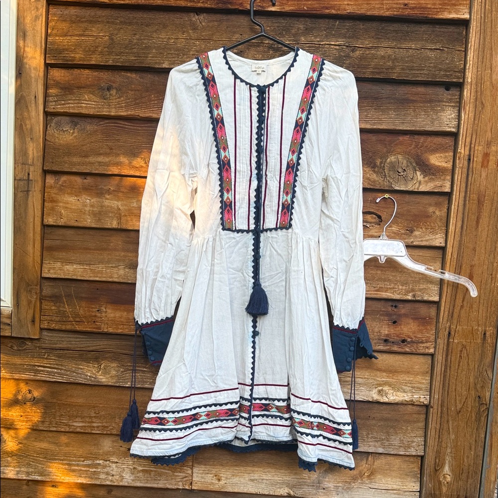 Talitha White dress Navy and Red Accents and tassels embroidered